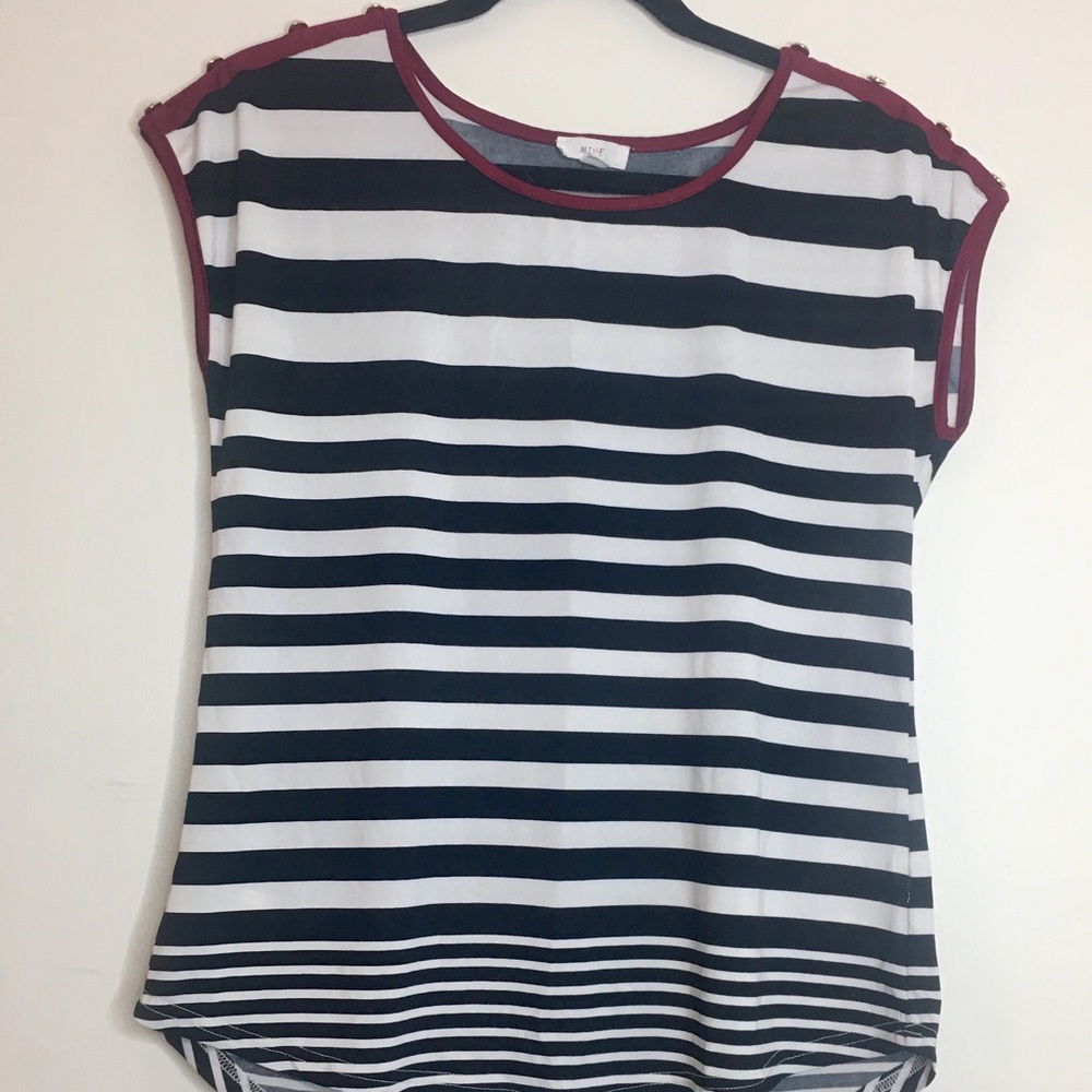 Black/ White Horizontal Stripes with Red Blouse